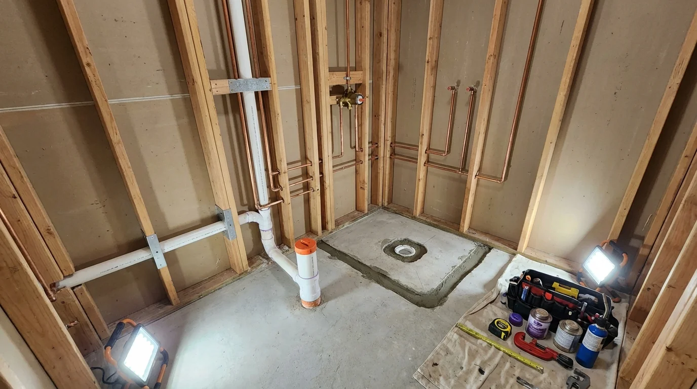 Bathroom rough-in plumbing during remodel by Johns Plumbing LLC in San Carlos