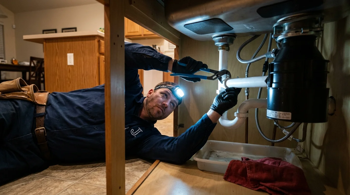 P-trap and supply line connections under a kitchen sink showing a common leak point in San Carlos, AZ